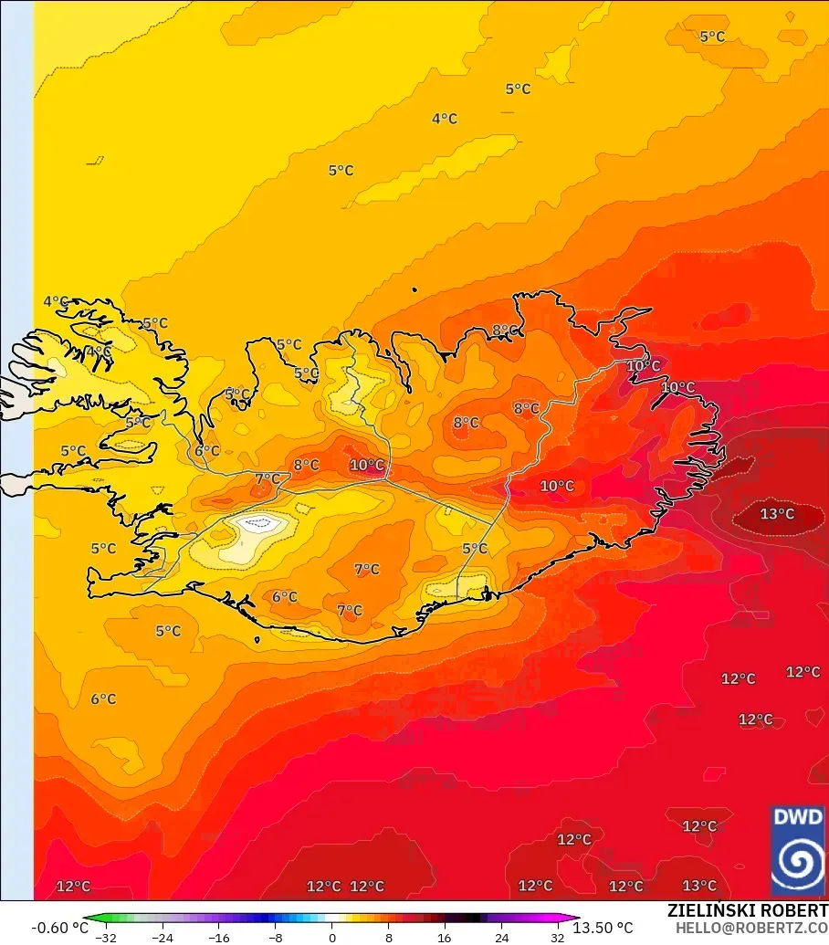 ICON model - Iceland, Temperature at 850hPa Anomaly