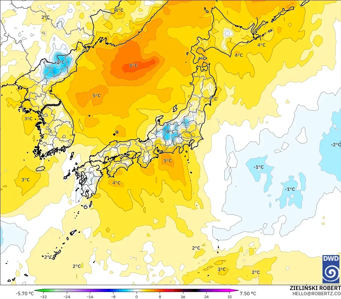 ICON model - Japan, Temperature at 850hPa Anomaly