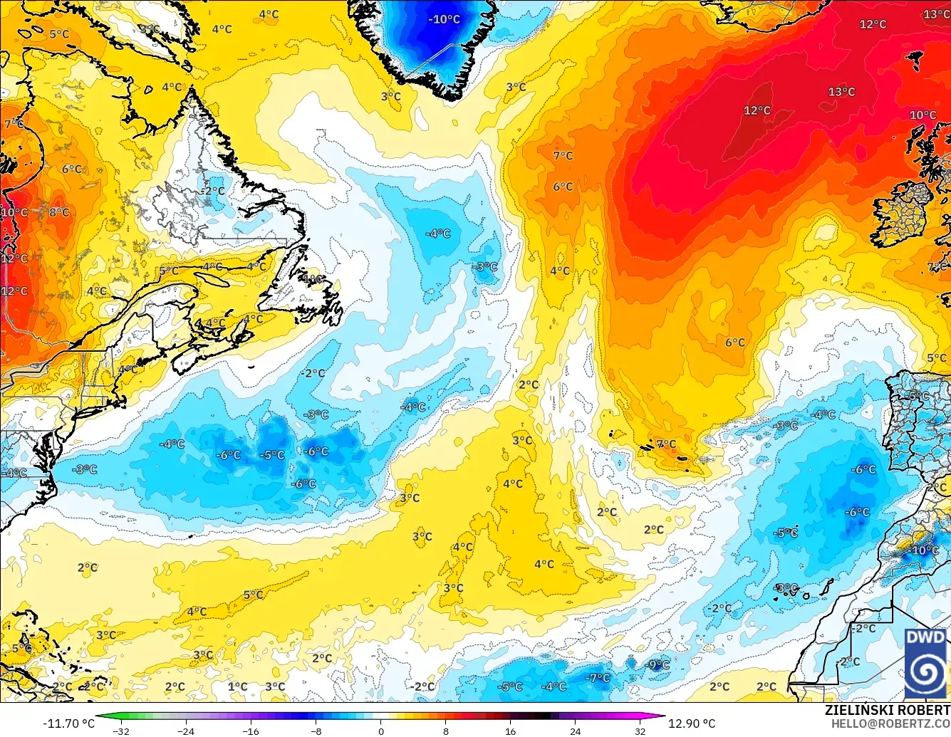 ICON model - North Atlantic, Temperature at 850hPa Anomaly