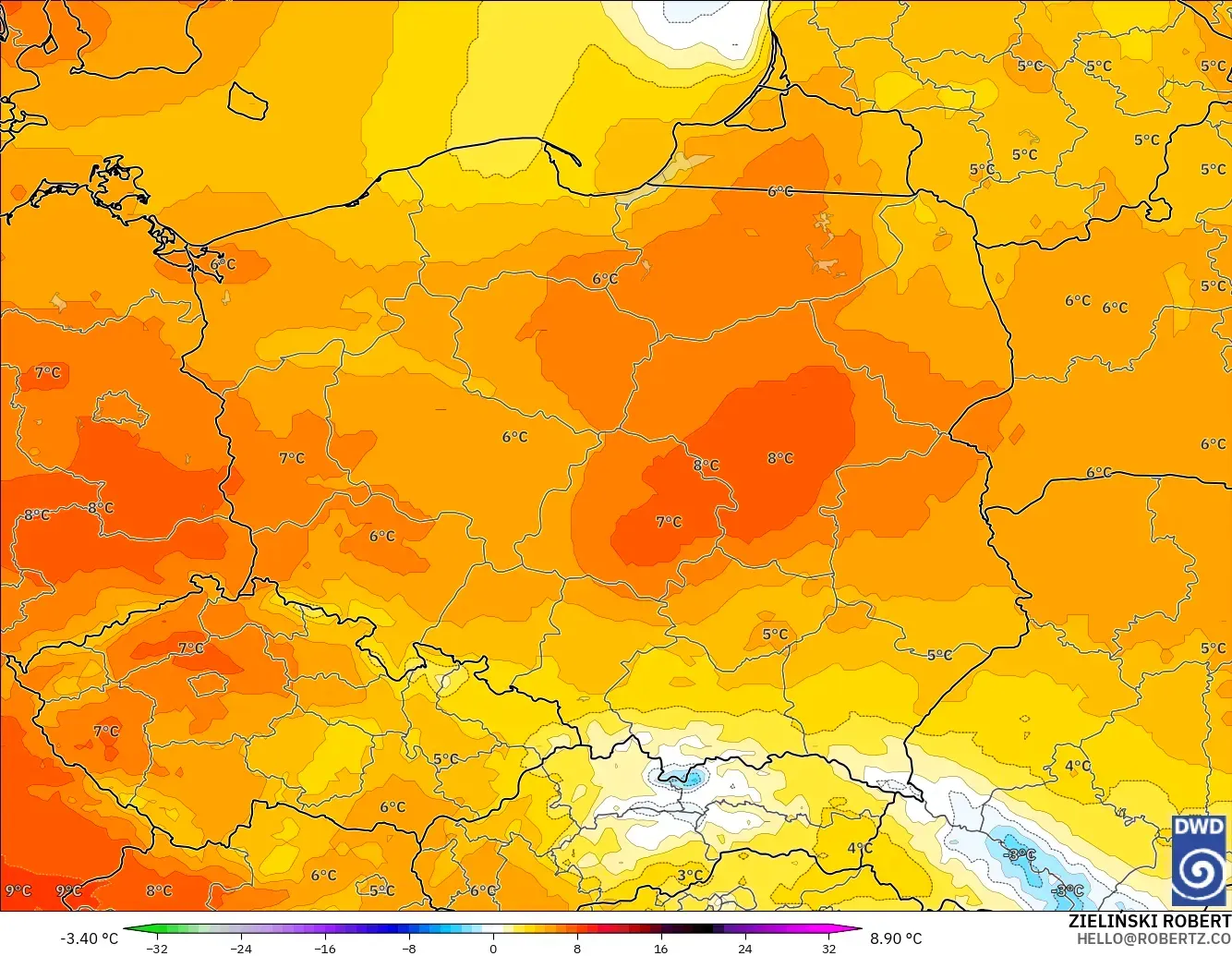 ICON model - Poland, Temperature at 850hPa Anomaly