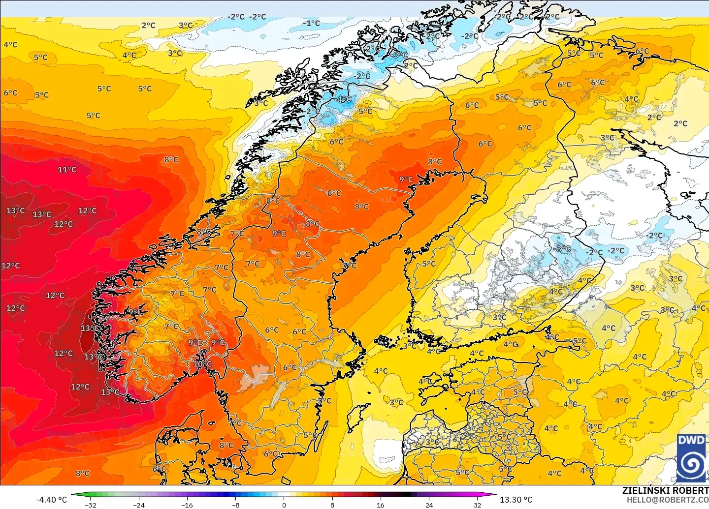 ICON model - Scandinavia, Temperature at 850hPa Anomaly