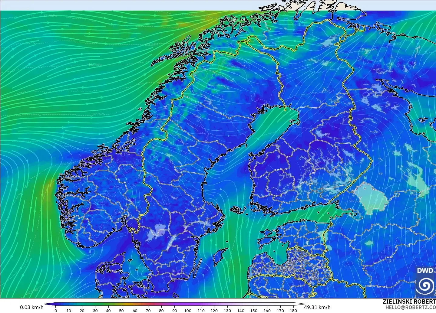 ICON model - Scandinavia, Wind at 10m