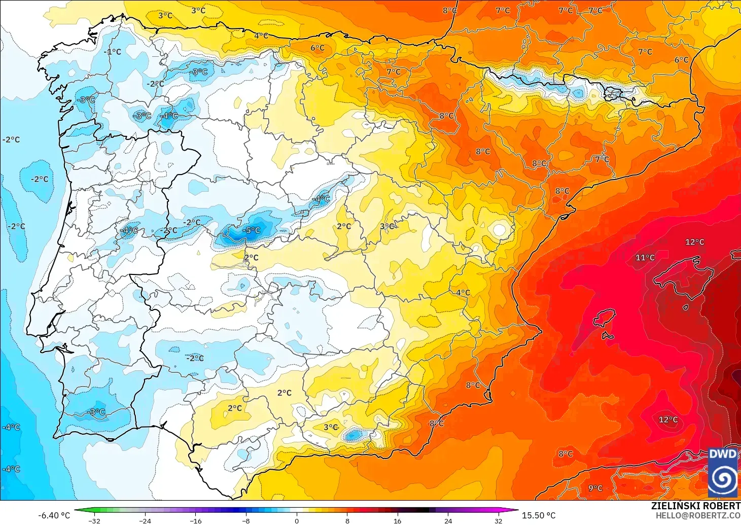 ICON model - Spain, Temperature at 850hPa Anomaly