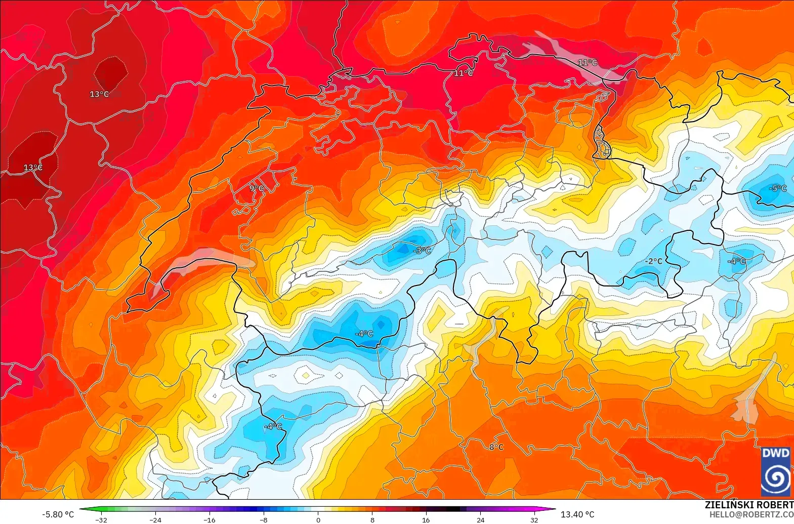 ICON model - Switzerland, Temperature at 850hPa Anomaly