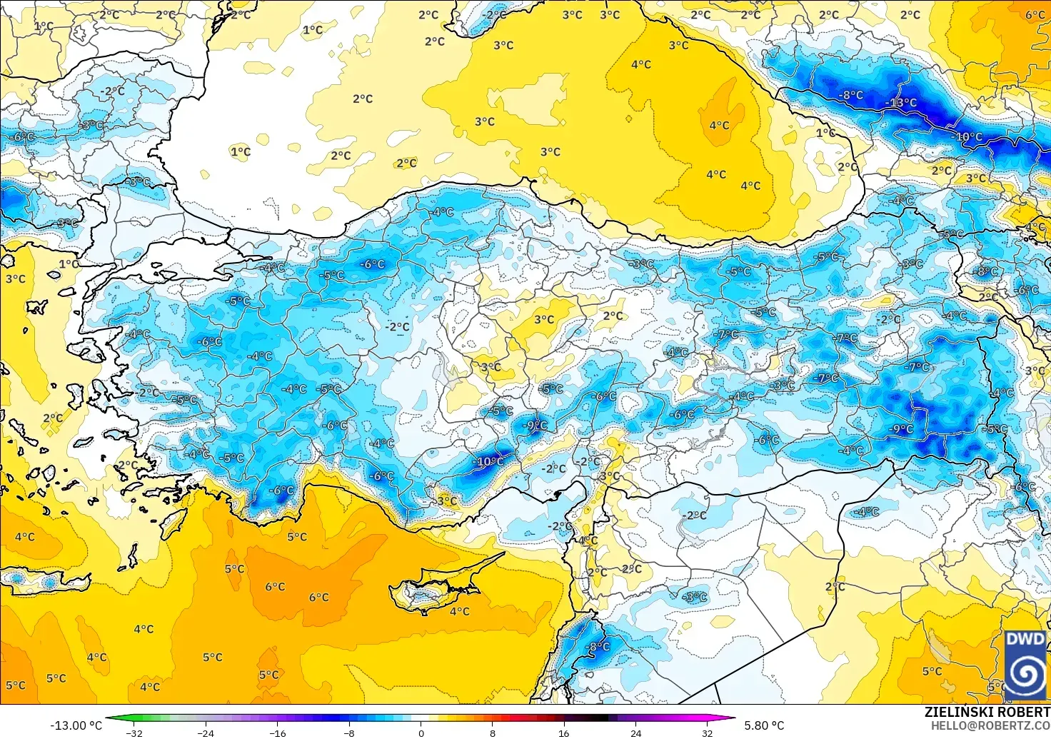 ICON model - Turkey, Temperature at 850hPa Anomaly