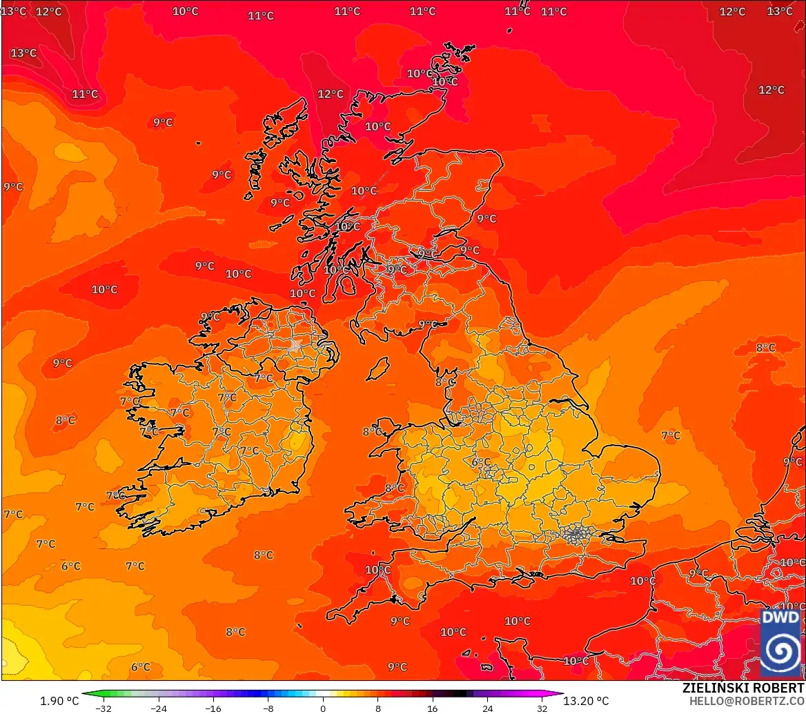 ICON model - United Kingdom, Temperature at 850hPa Anomaly