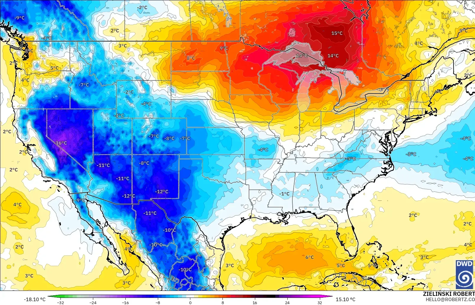 ICON model - United States, Temperature at 850hPa Anomaly