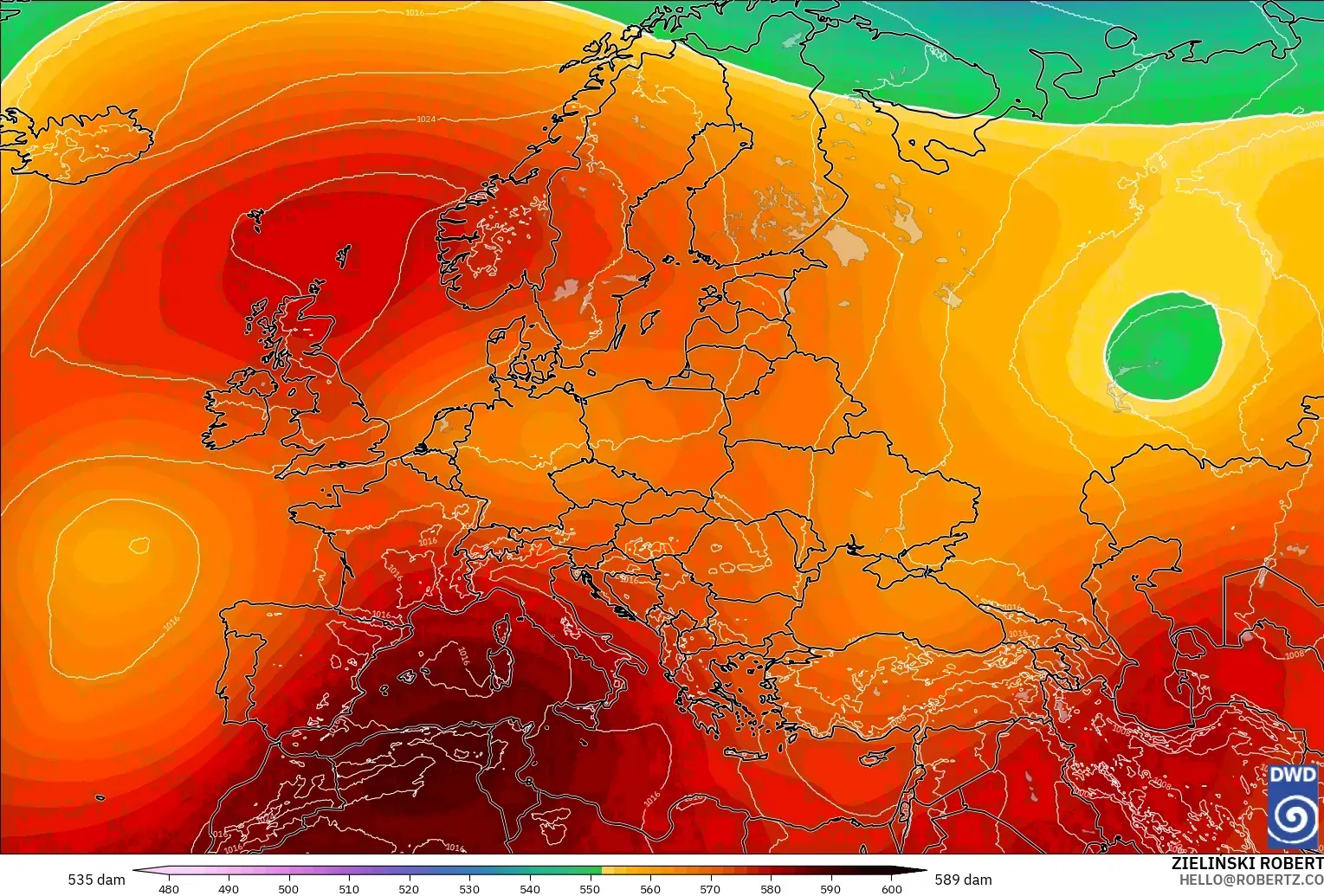 ICON model - Europe, Geopotential height at 500hPa