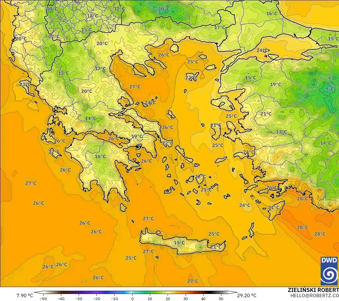 ICON model - Greece, Temperature at 2m