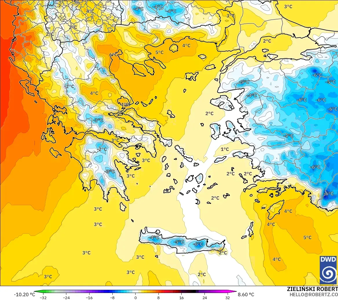 ICON model - Greece, Temperature at 850hPa Anomaly