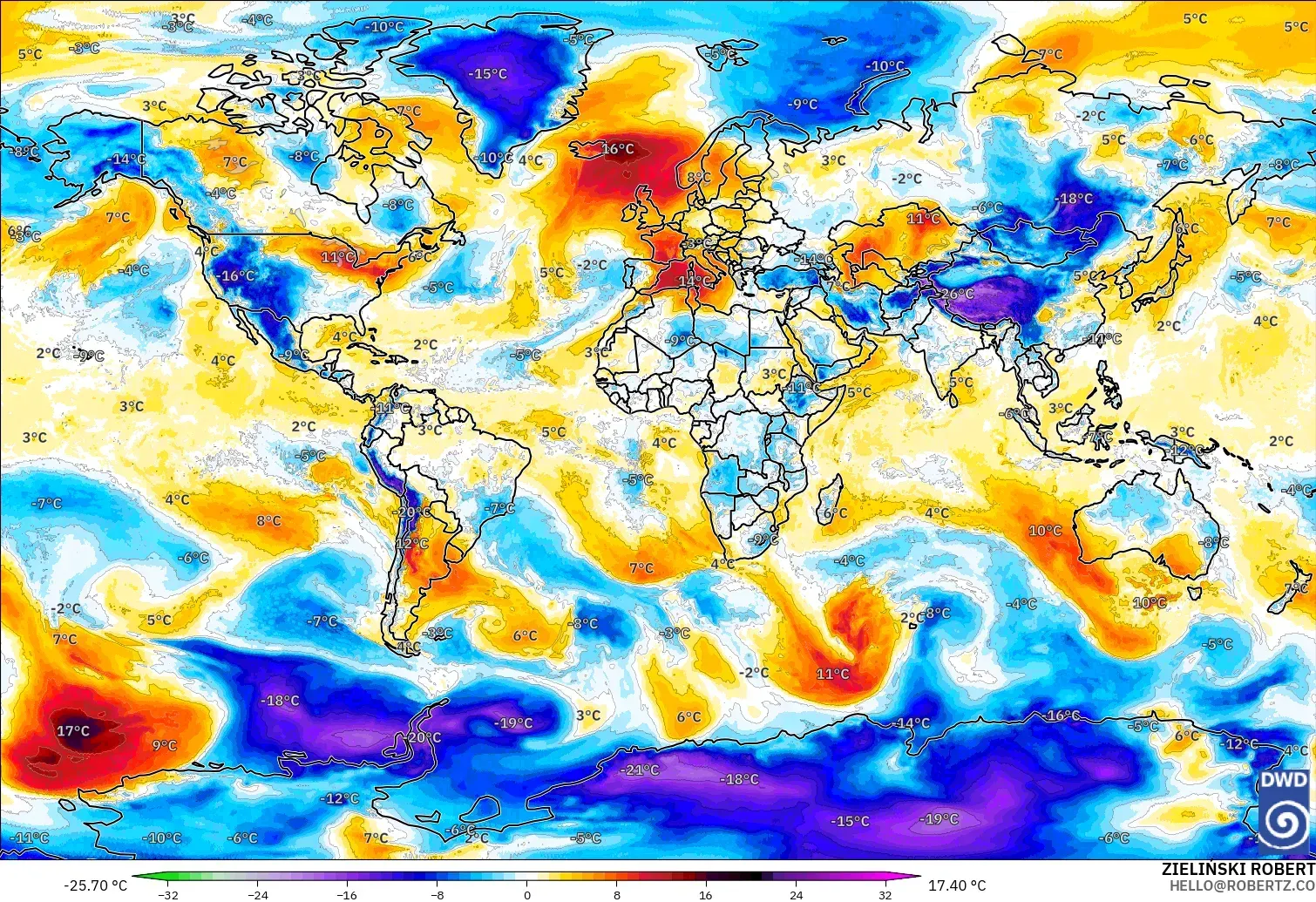 ICON model - World, Temperature at 850hPa Anomaly