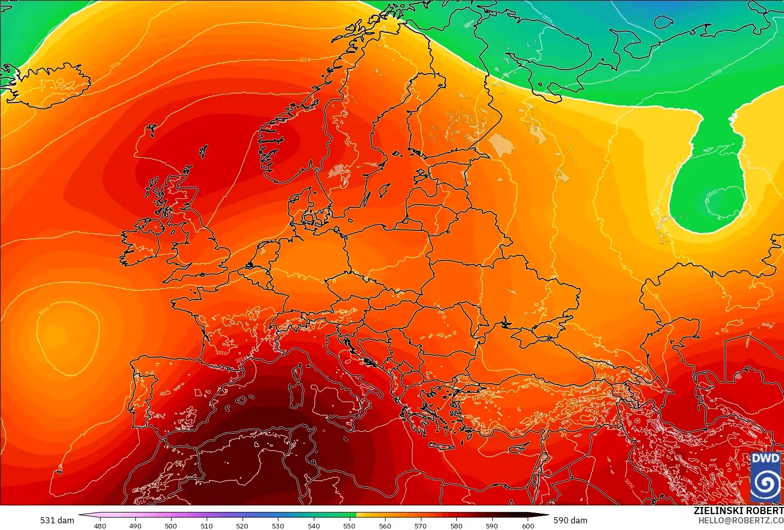 ICON model - Europe, Geopotential height at 500hPa