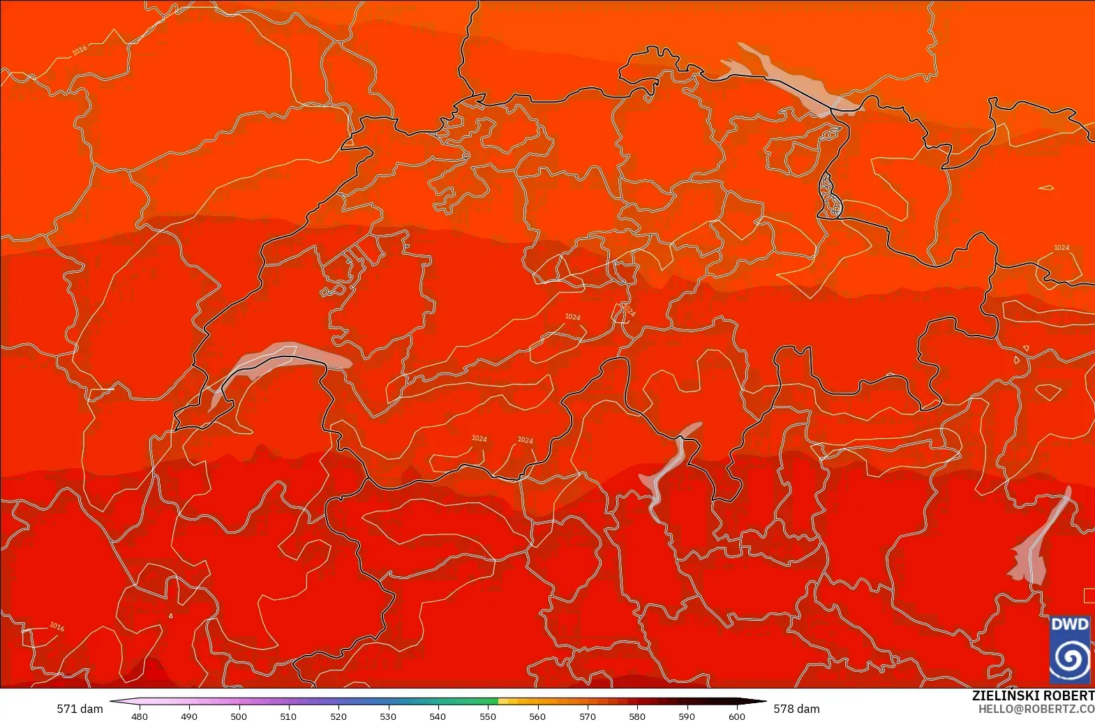 ICON model - Switzerland, Geopotential height at 500hPa