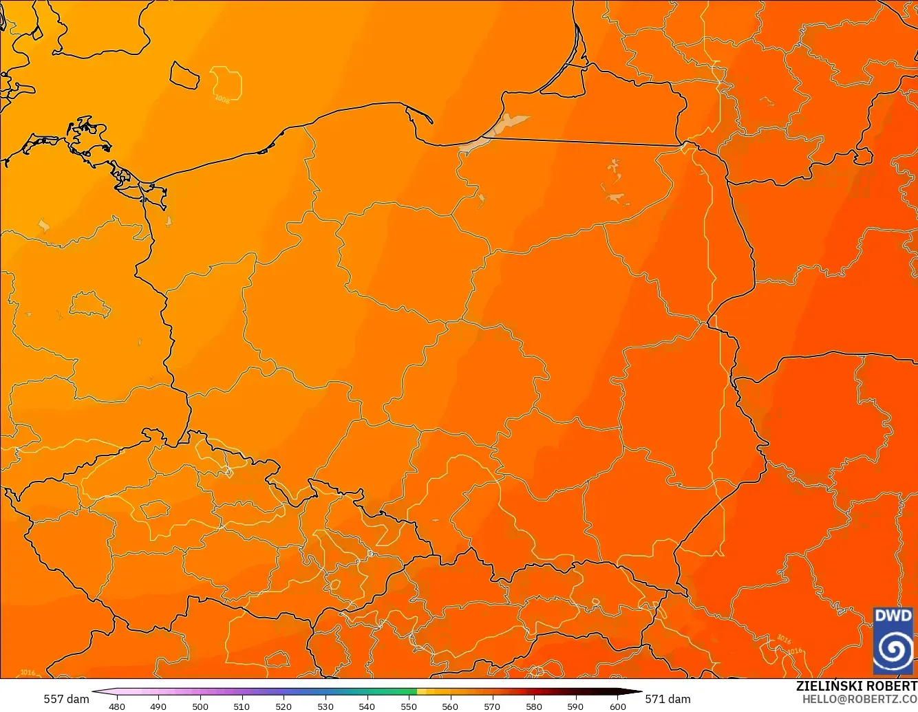 ICON model - Poland, Geopotential height at 500hPa