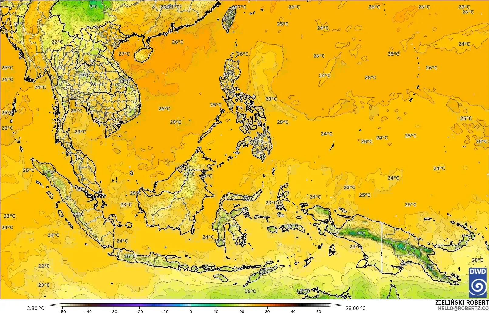 ICON model - South East Asia, Dewpoint at 2m