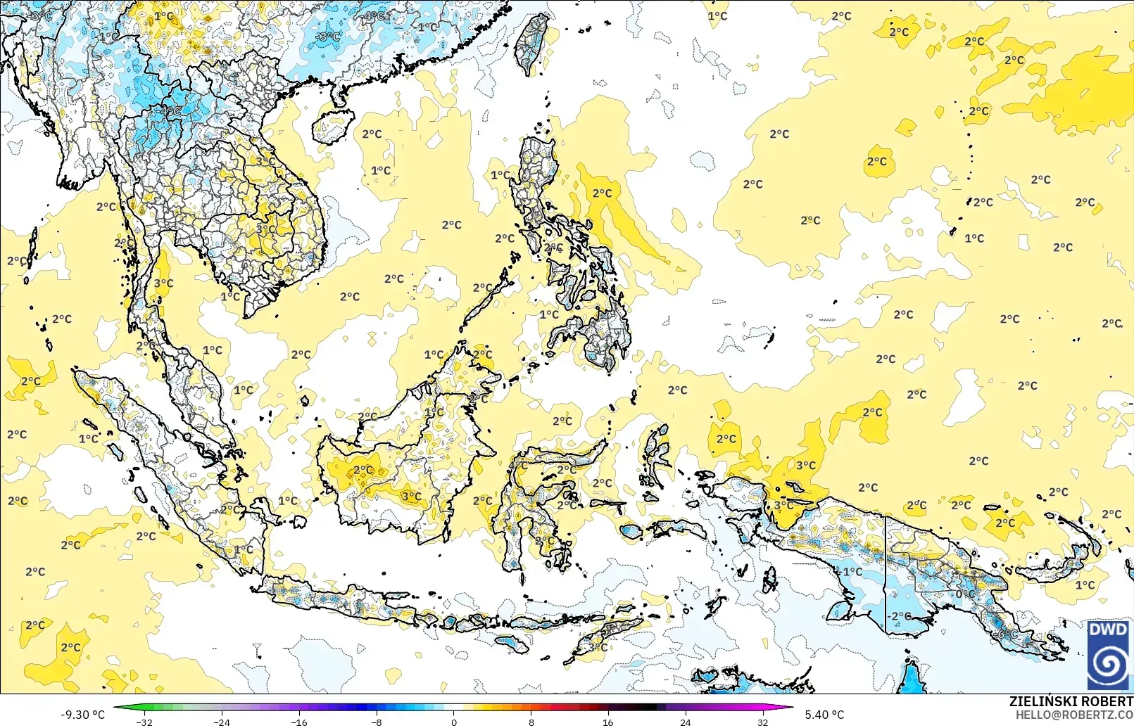 ICON model - South East Asia, Temperature at 2m Anomaly