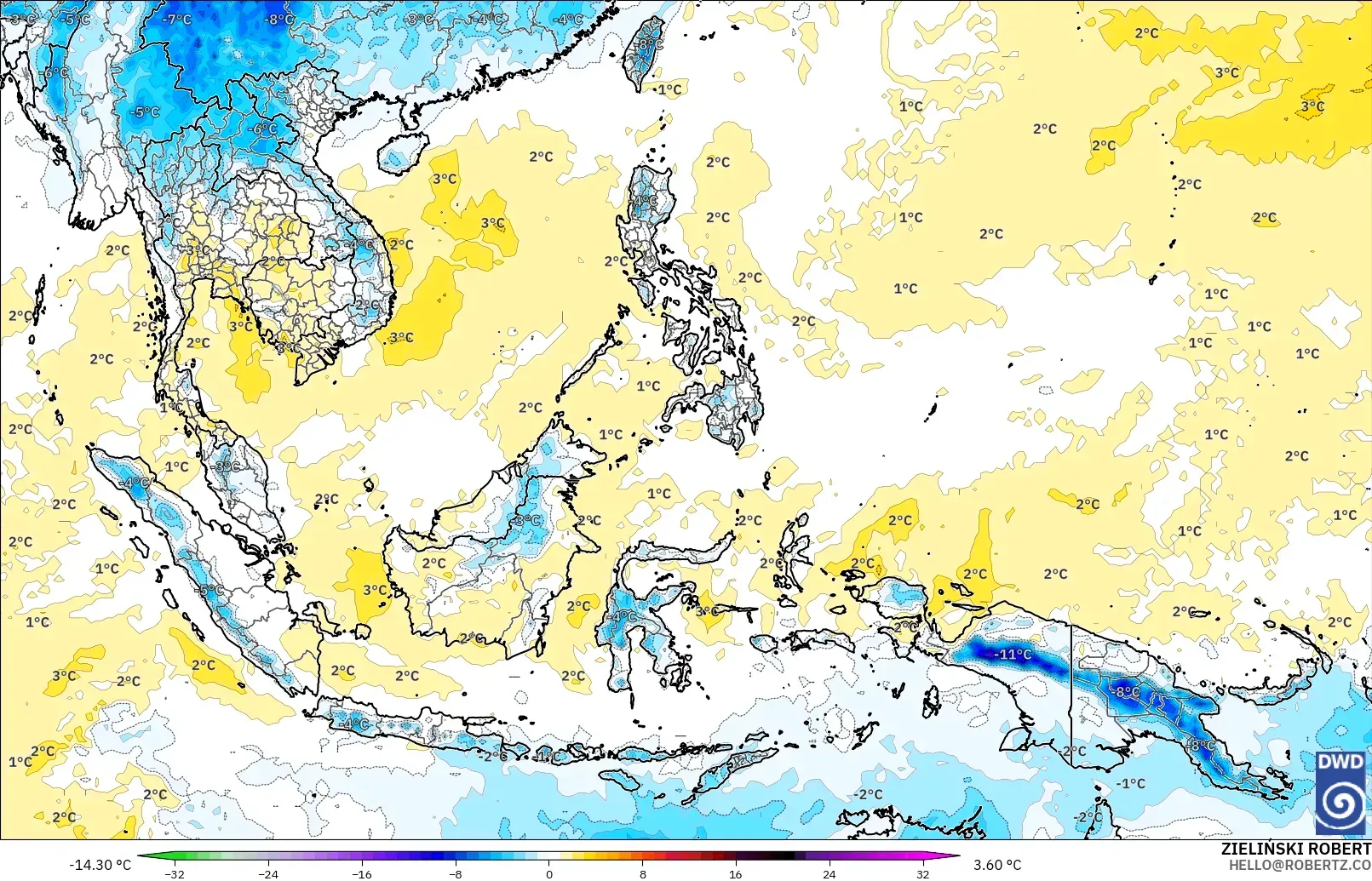 ICON model - South East Asia, Temperature at 850hPa Anomaly