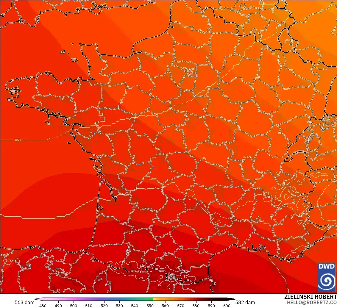 ICON model - France, Geopotential height at 500hPa