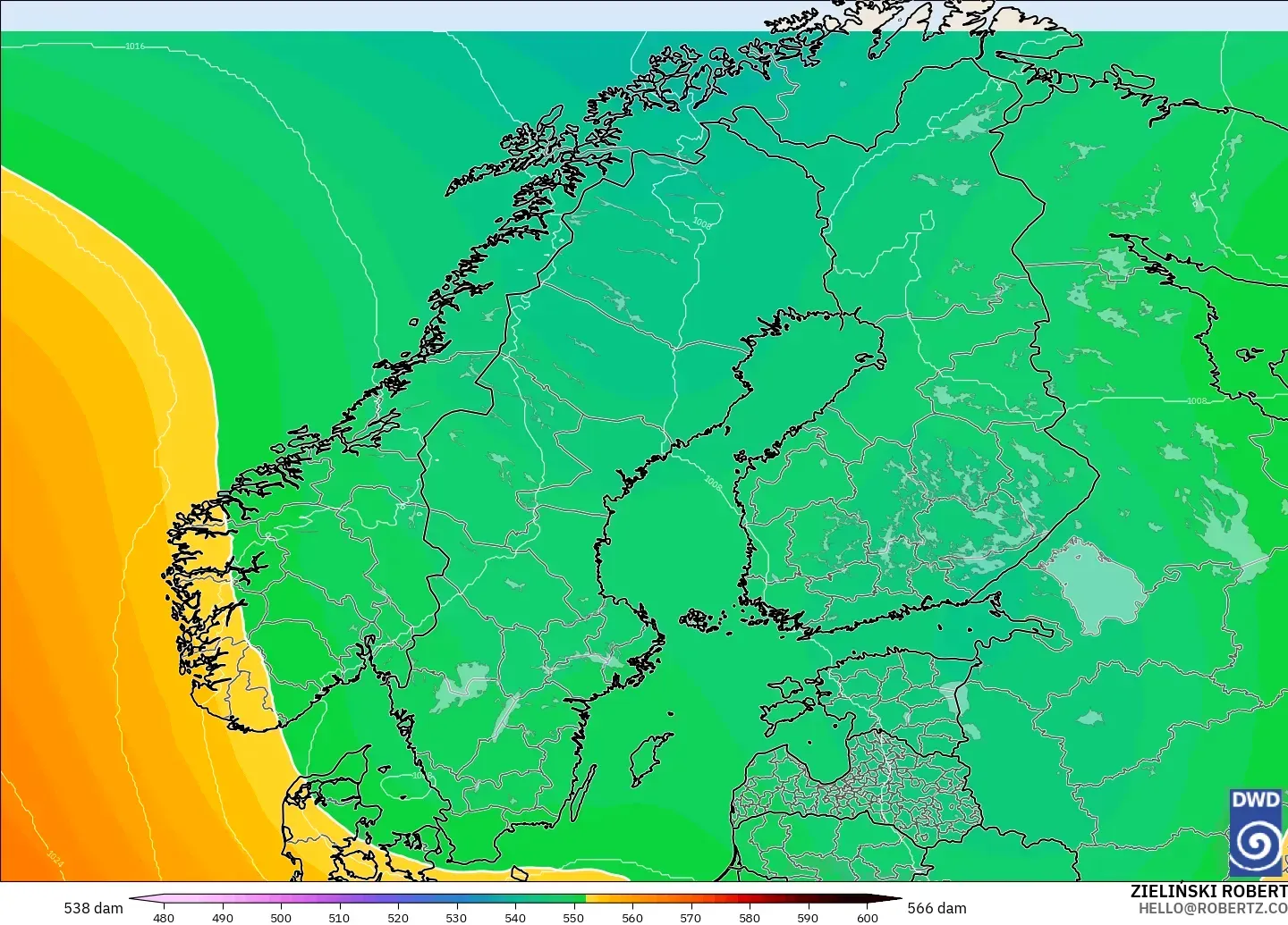 ICON model - Scandinavia, Geopotential height at 500hPa