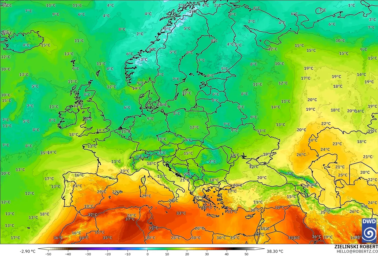 ICON model - Europe, Temperature at 850hPa