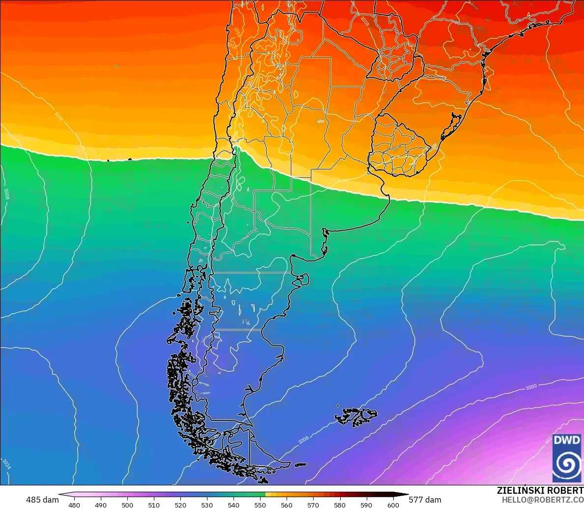 ICON model - Argentina, Geopotential height at 500hPa