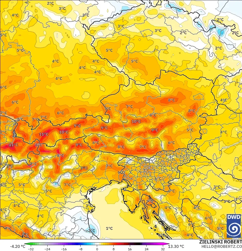 ICON model - Austria, Temperature at 2m Anomaly