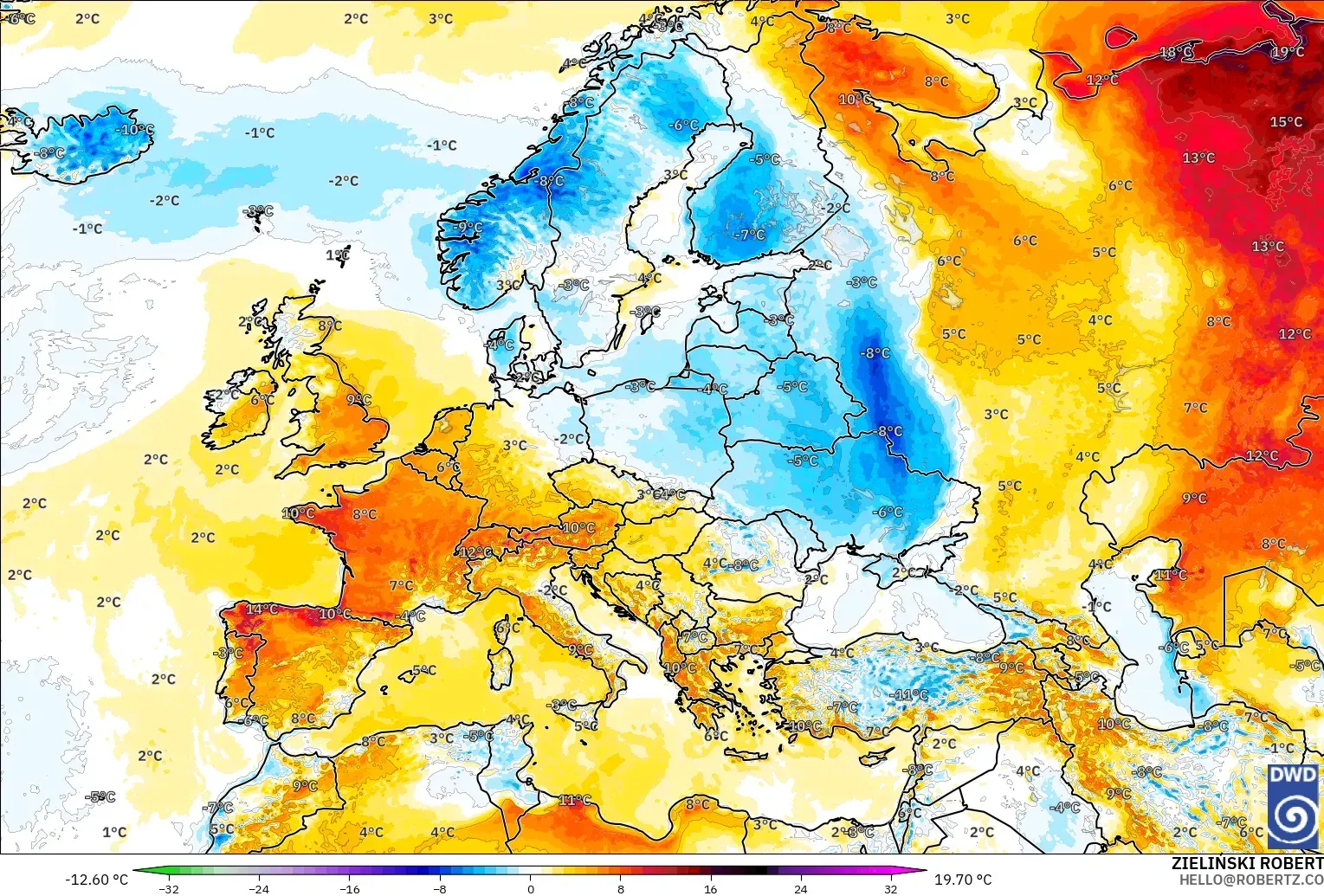 ICON model - Europe, Temperature at 2m Anomaly