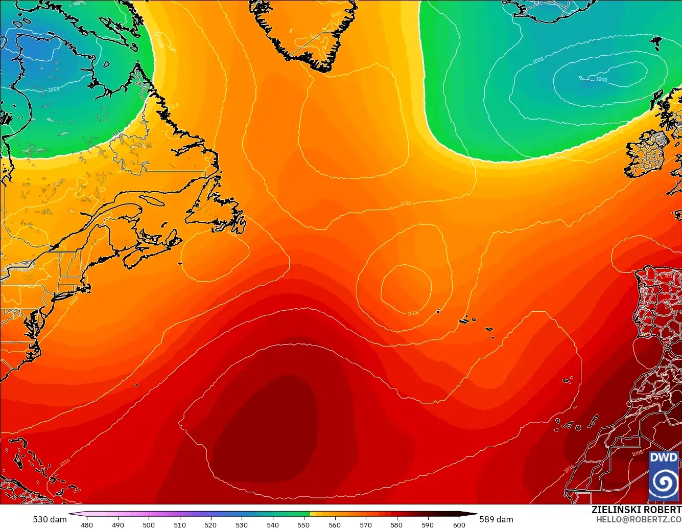 ICON model - North Atlantic, Geopotential height at 500hPa