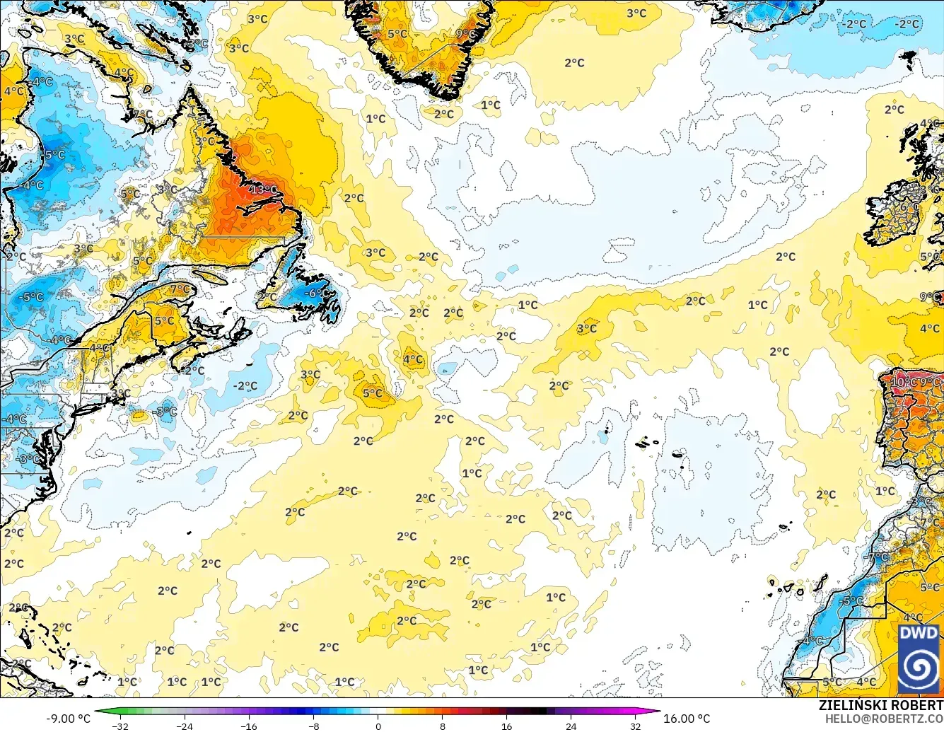ICON model - North Atlantic, Temperature at 2m Anomaly