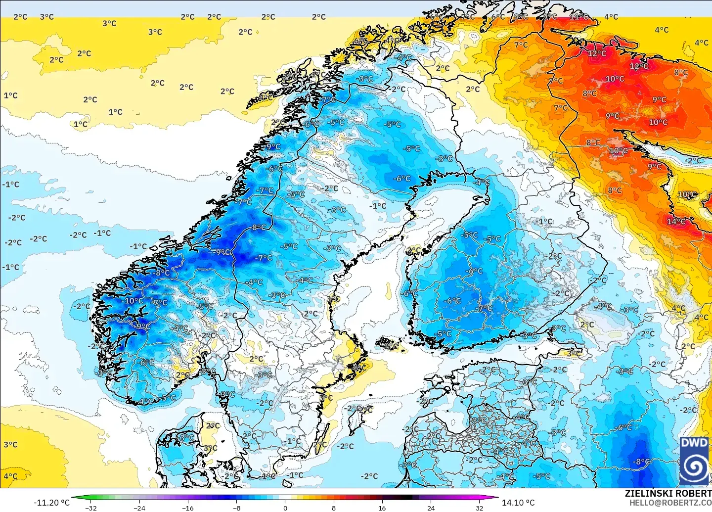 ICON model - Scandinavia, Temperature at 2m Anomaly