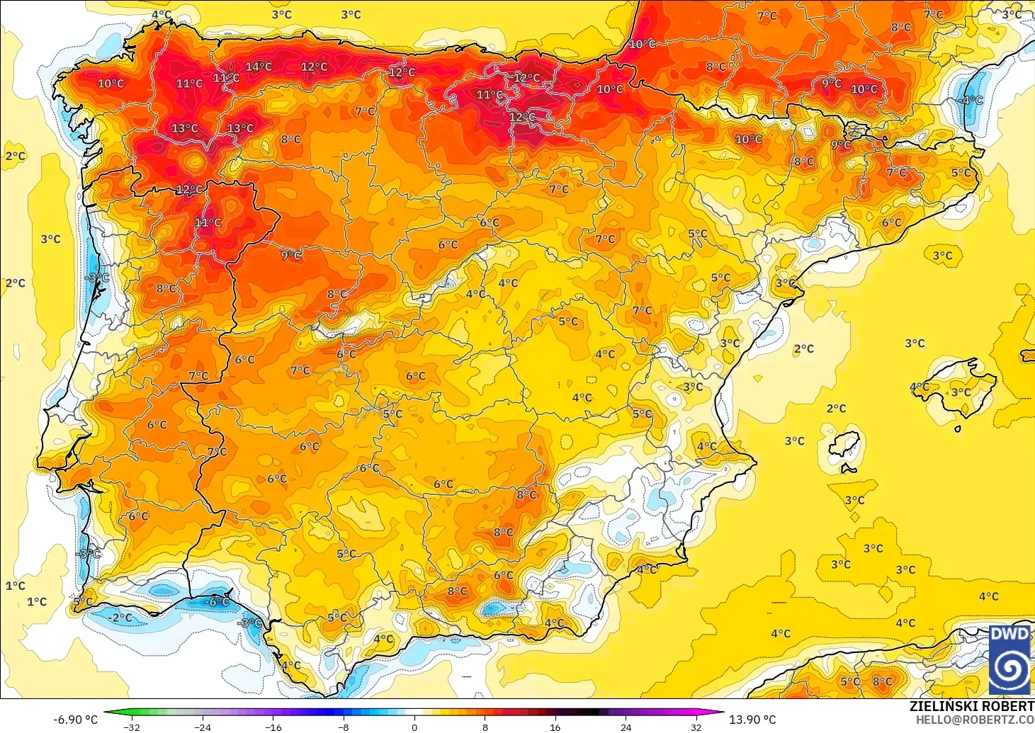 ICON model - Spain, Temperature at 2m Anomaly
