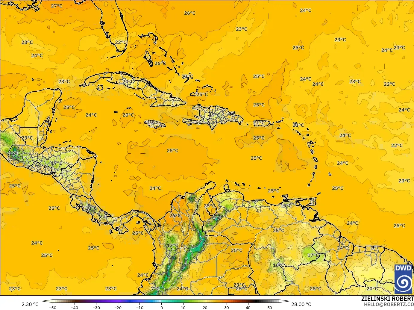 ICON model - Caribbean, Dewpoint at 2m