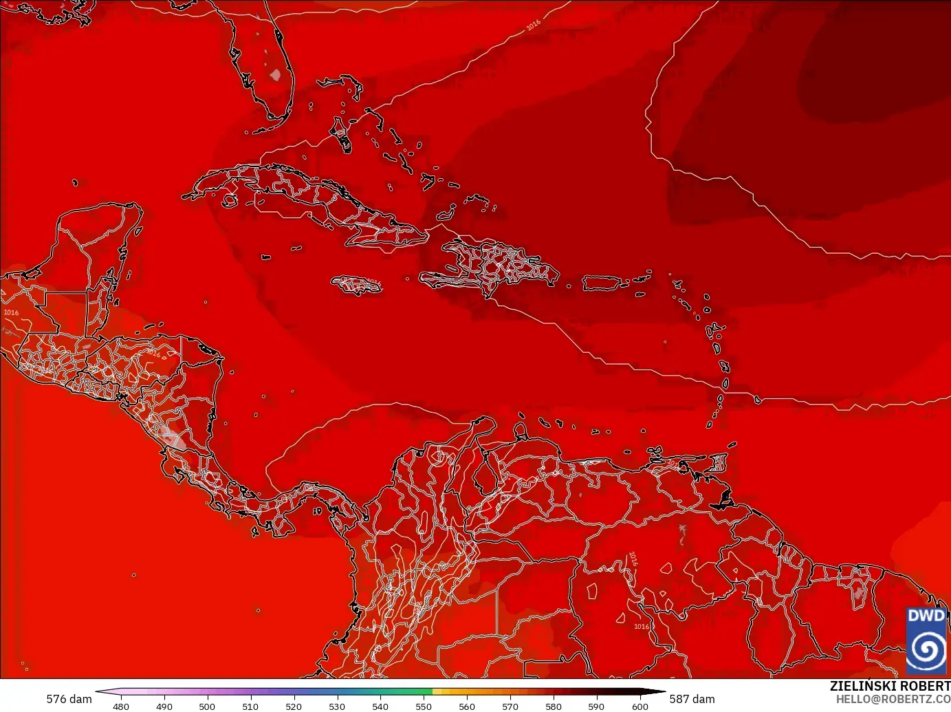 ICON model - Caribbean, Geopotential height at 500hPa