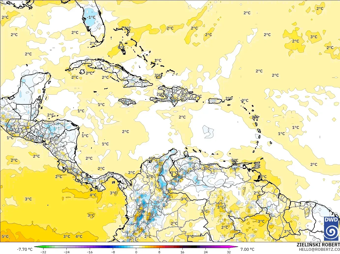 ICON model - Caribbean, Temperature at 2m Anomaly