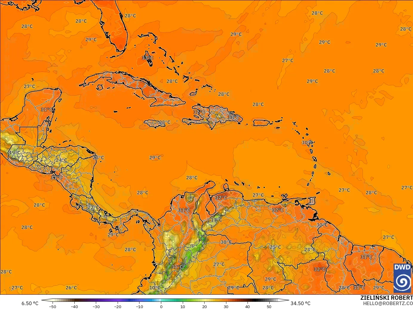 ICON model - Caribbean, Temperature at 2m