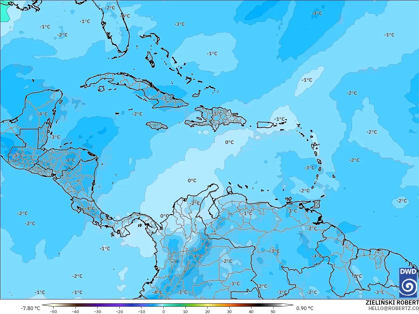 ICON model - Caribbean, Temperature at 500hPa