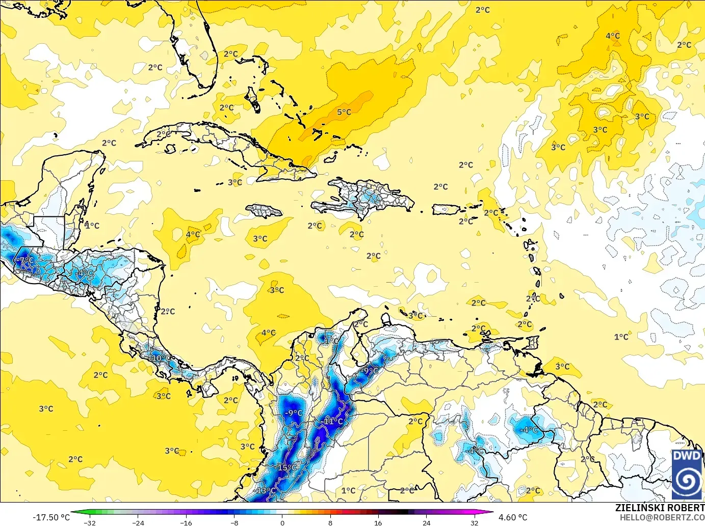 ICON model - Caribbean, Temperature at 850hPa Anomaly