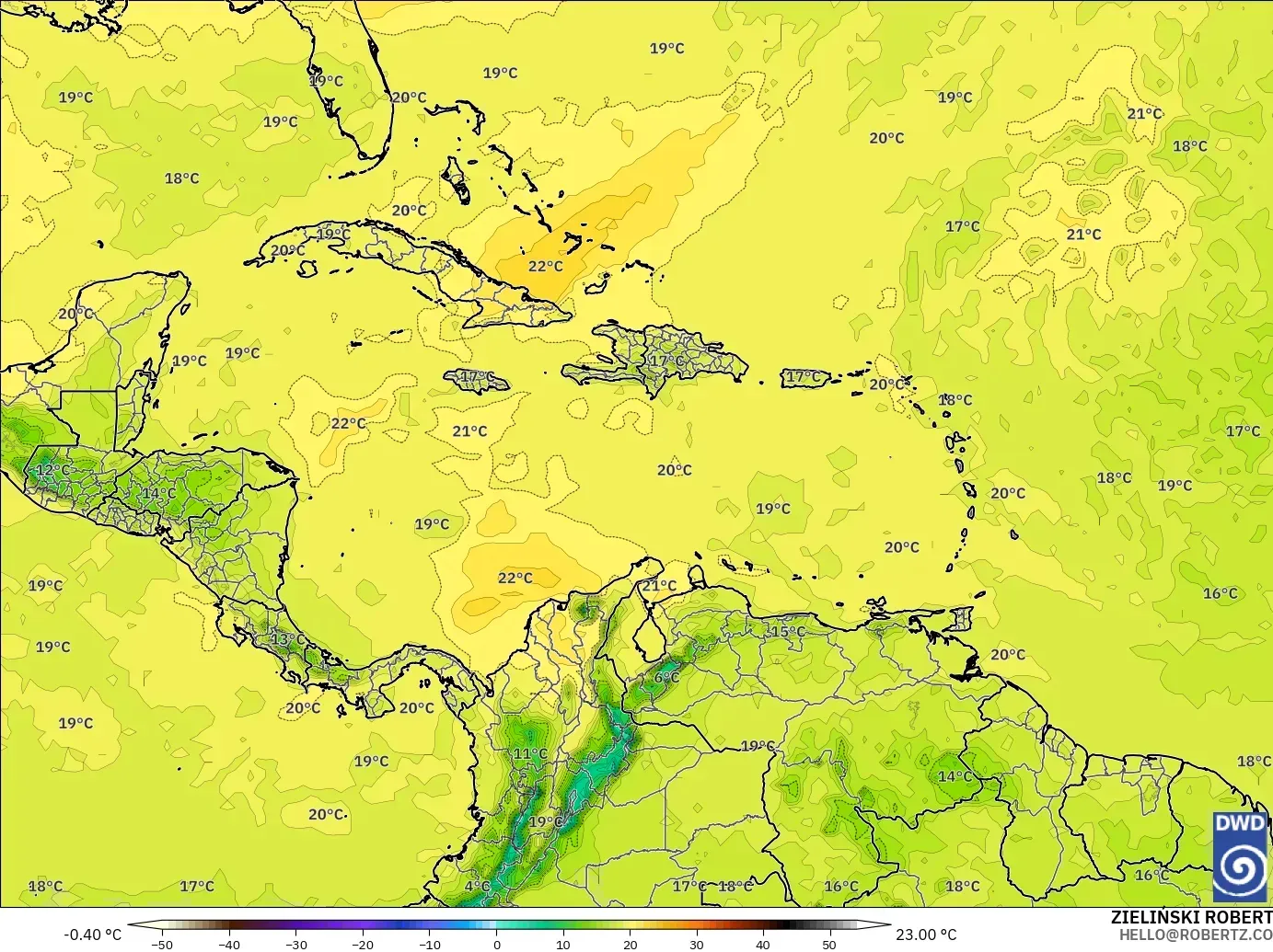 ICON model - Caribbean, Temperature at 850hPa