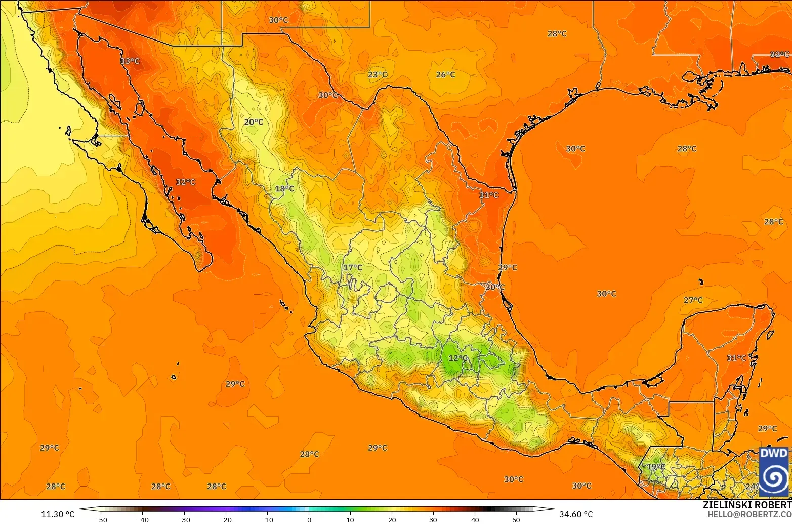 ICON model - Mexico, Temperature at 2m
