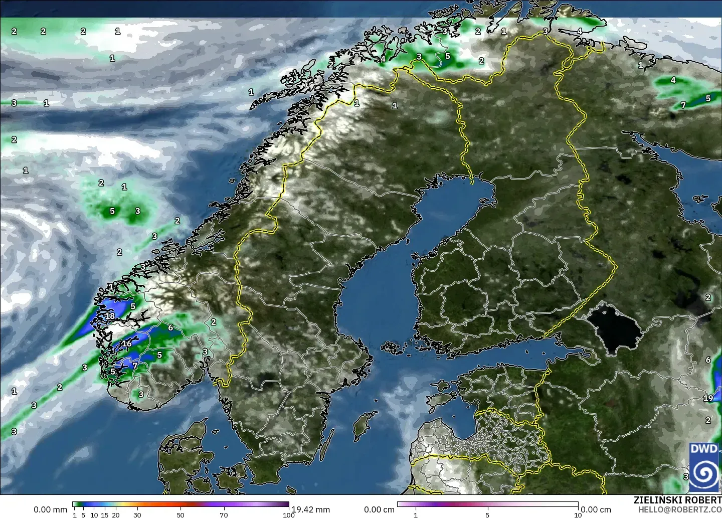 ICON model - Scandinavia, Precipitation, Clouds, and Pressure