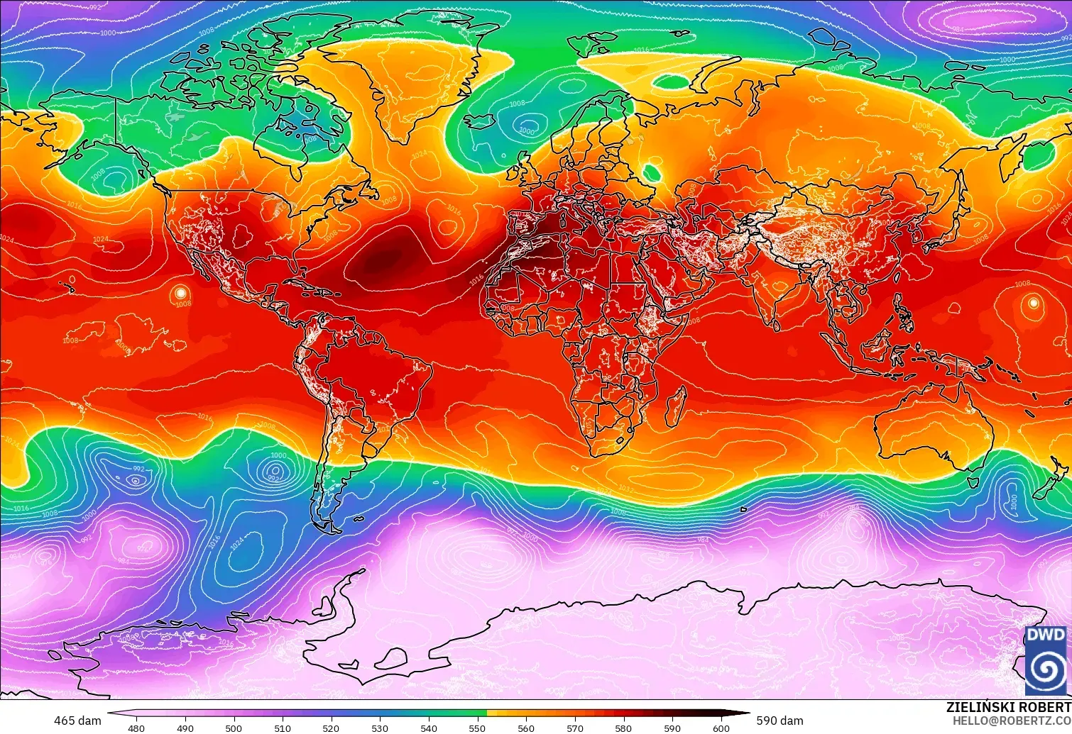 ICON model - World, Geopotential height at 500hPa