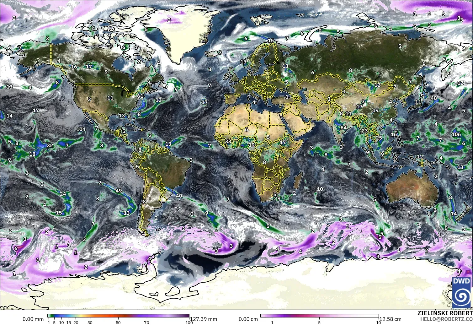 ICON model - World, Precipitation, Clouds, and Pressure