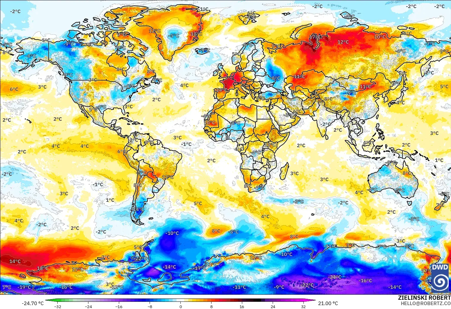 ICON model - World, Temperature at 2m Anomaly