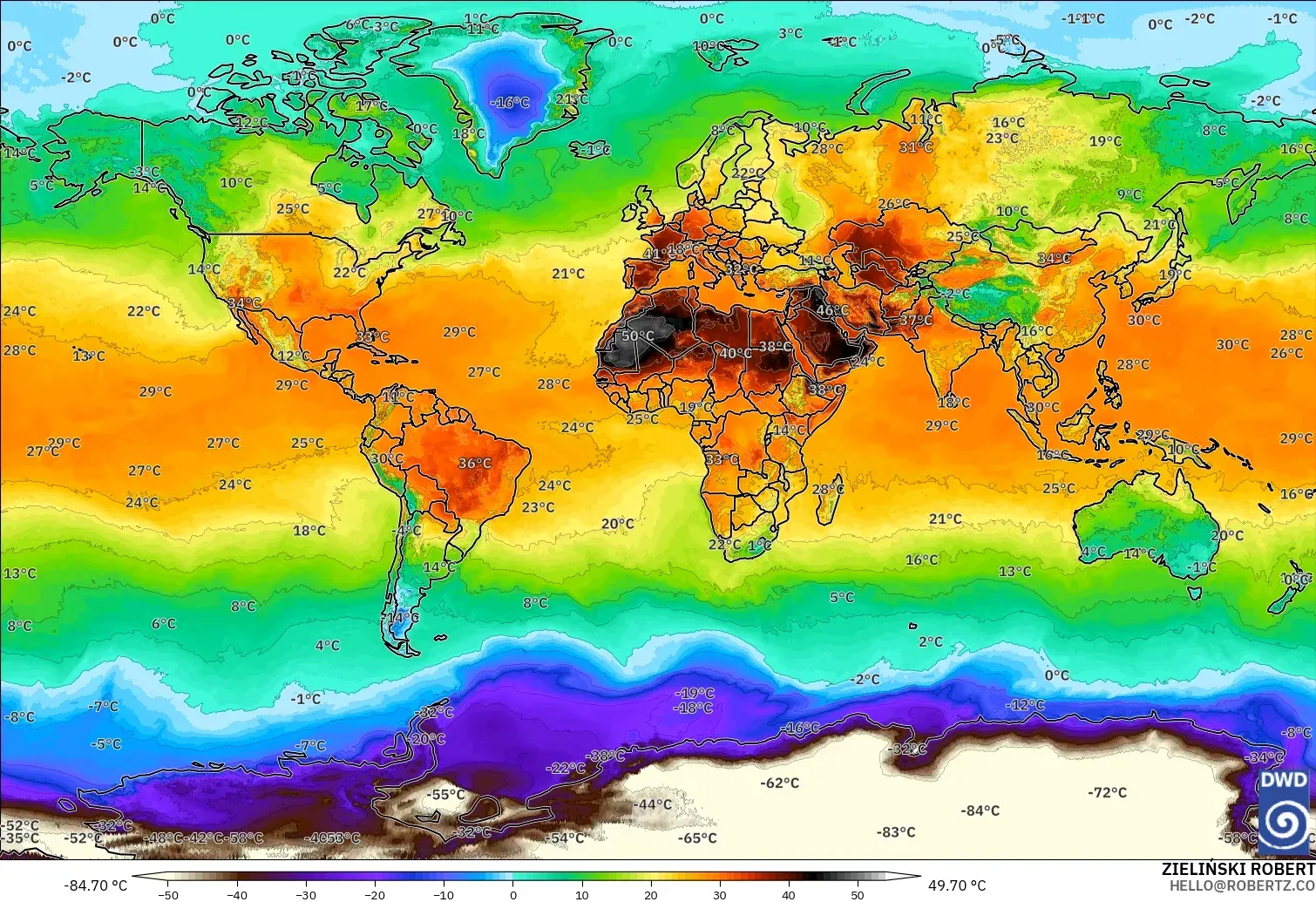 ICON model - World, Temperature at 2m