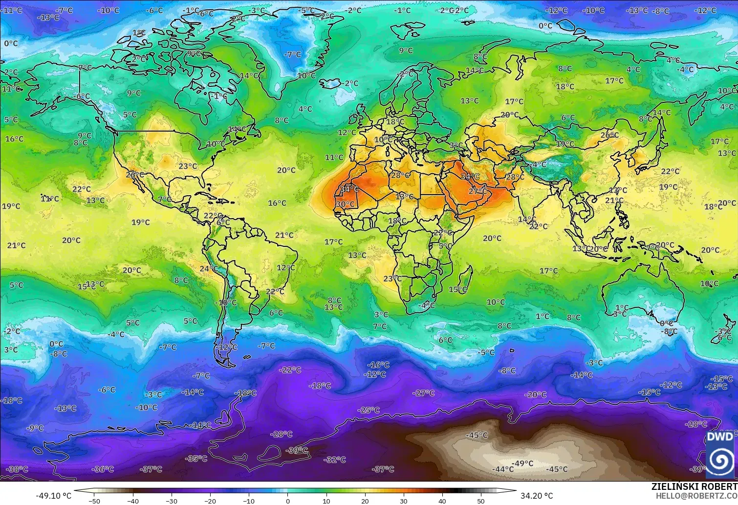 ICON model - World, Temperature at 850hPa