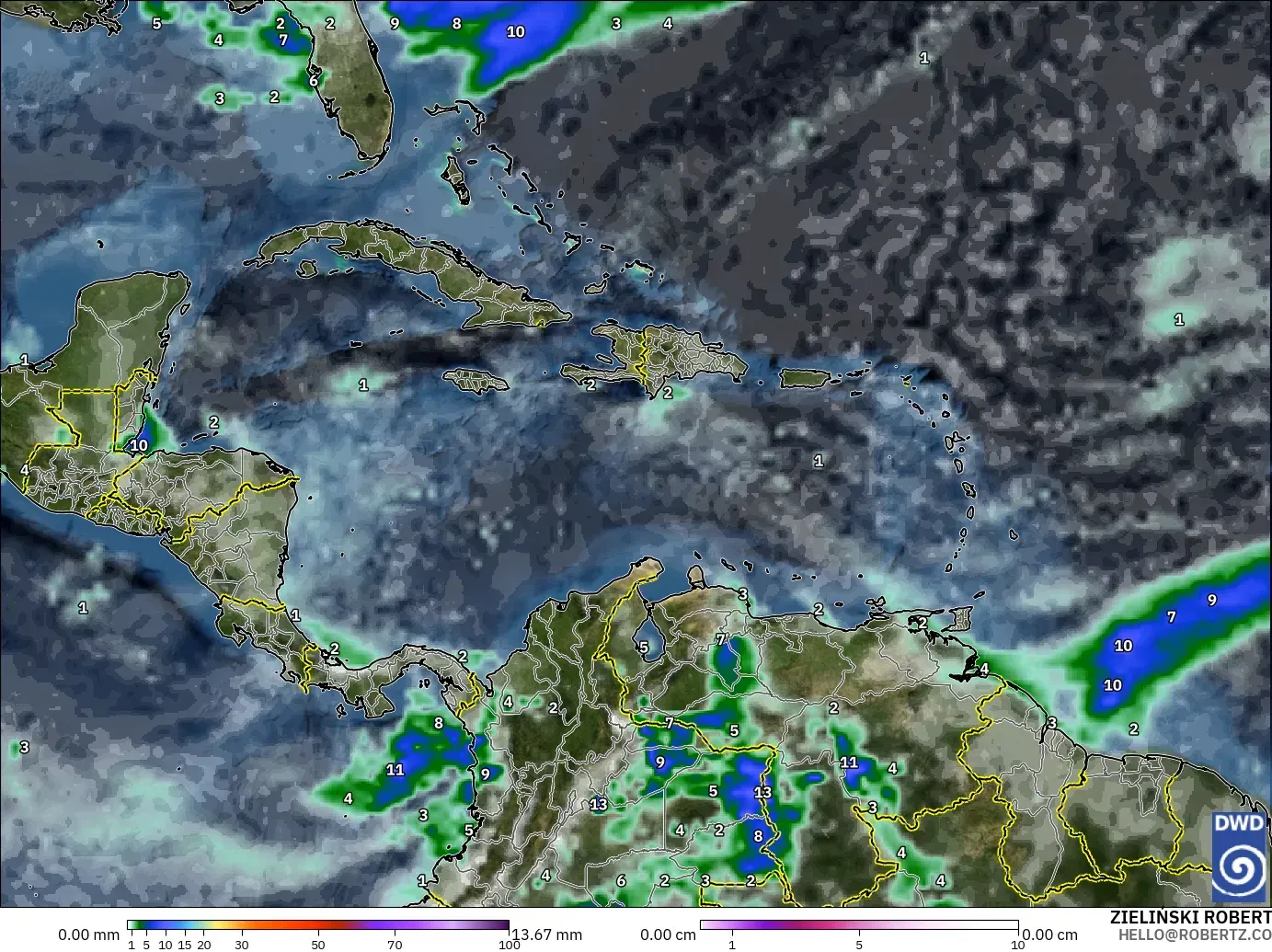 ICON model - Caribbean, Precipitation, Clouds, and Pressure