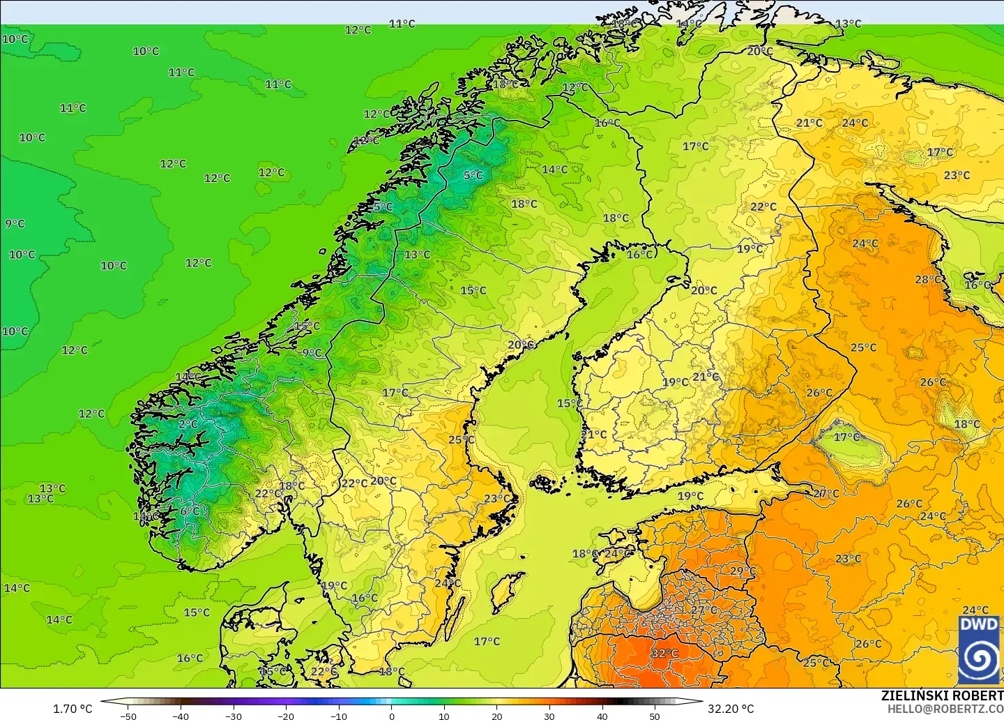 ICON model - Scandinavia, Temperature at 2m