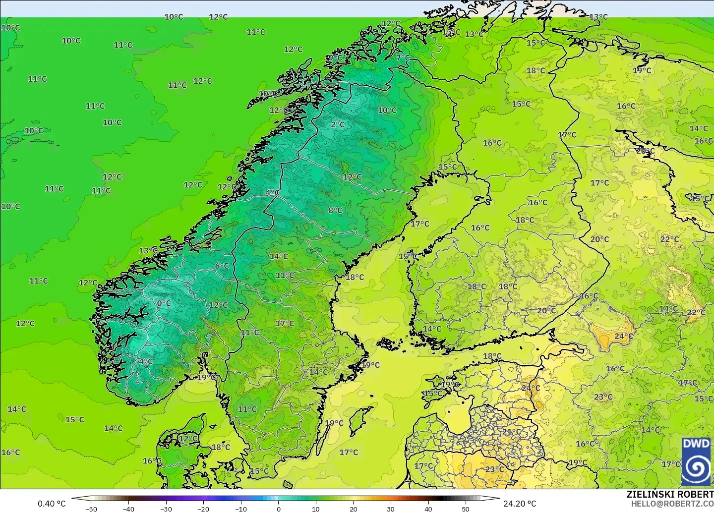 ICON model - Scandinavia, Temperature at 2m