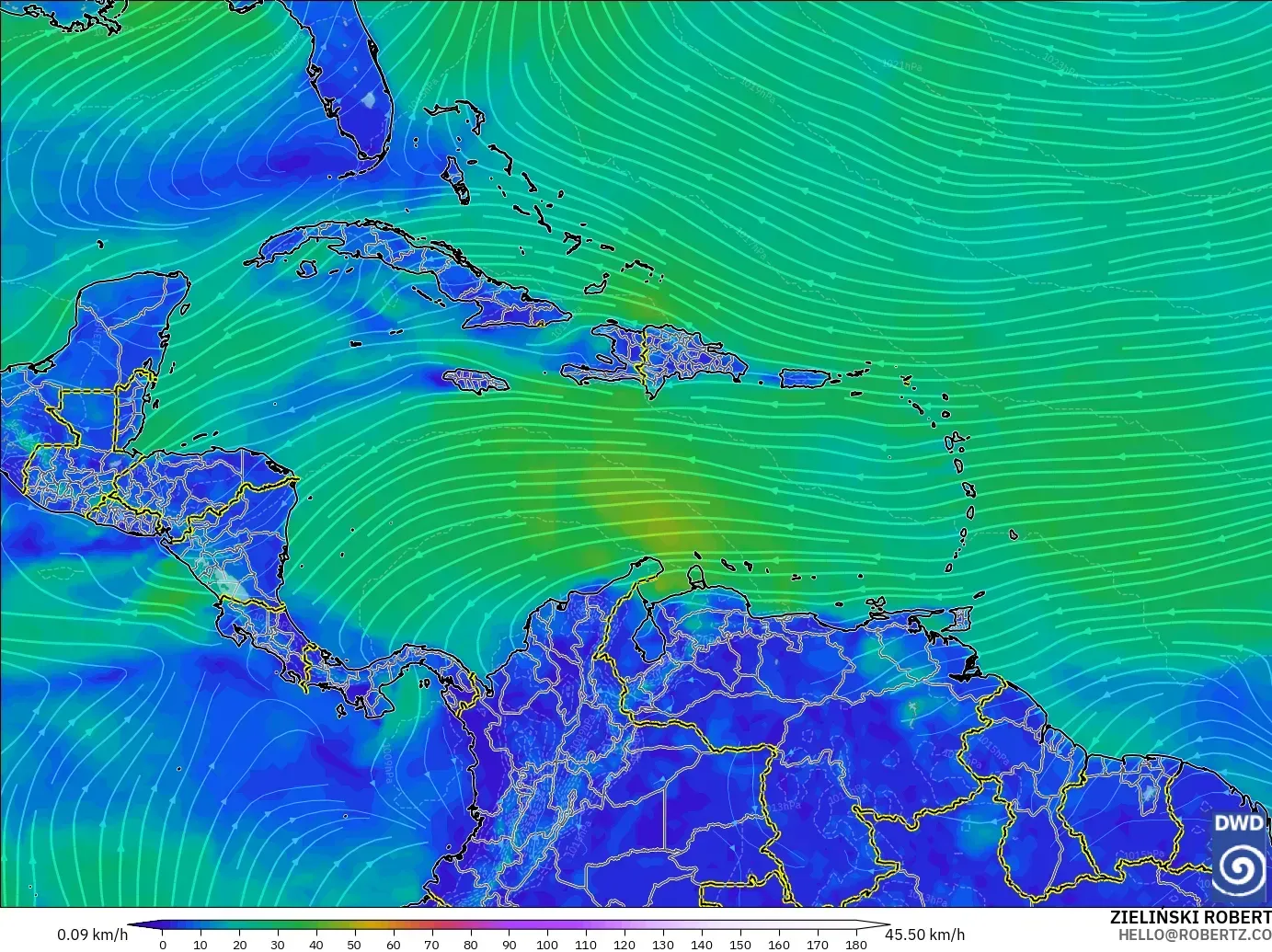 ICON model - Caribbean, Wind at 10m