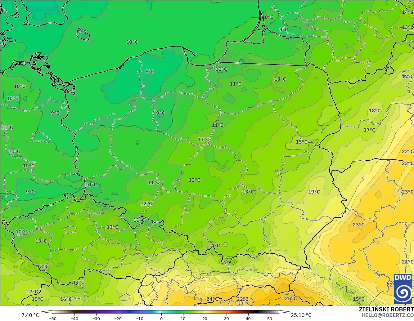 ICON model - Poland, Temperature at 850hPa